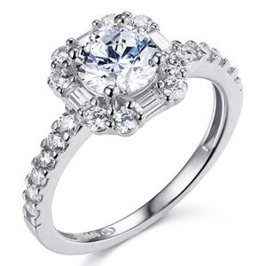 14k Squared Halo Baguette & Round-Cut CZ Ring